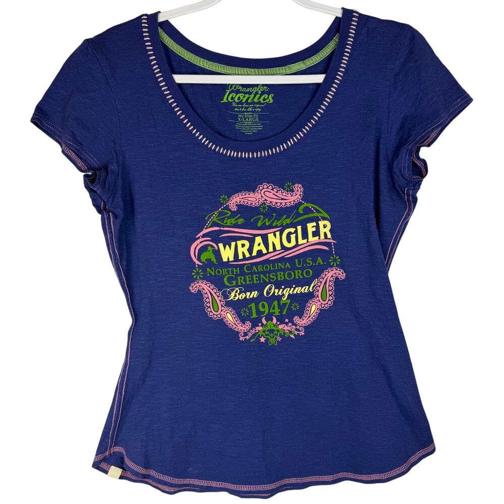 Wrangler Iconics Western Americana Cowgirl Graphic Tee Womens Size XL Blue Y2K